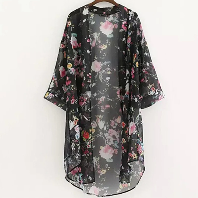 Ženy Bežné Vintage Kimono Dámy Cardigan 2020 Letné Dlhé Háčkovanie Šifón Kimono Preto Voľné Flóry Tlačené, Blúzky, Topy Čierna 5