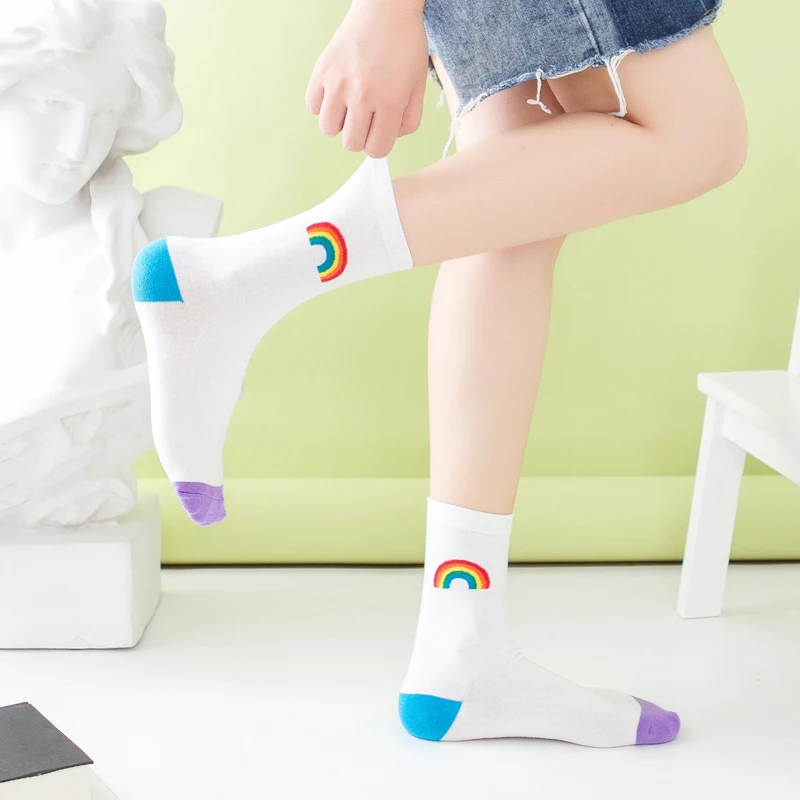 Jesenné Zimné Japonské Harajuku Žena Ponožky Popsocket Bavlna s Pruhom Rainbow Zábavné Ponožky Ženy Kawaii Dievčatá Biela Ponožka Krátke 2