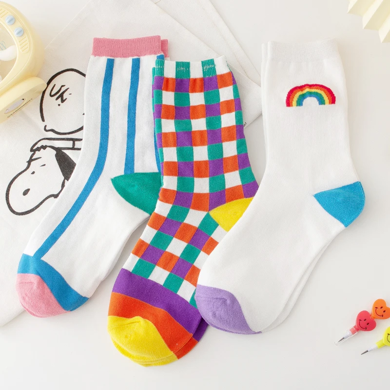 Jesenné Zimné Japonské Harajuku Žena Ponožky Popsocket Bavlna s Pruhom Rainbow Zábavné Ponožky Ženy Kawaii Dievčatá Biela Ponožka Krátke 3