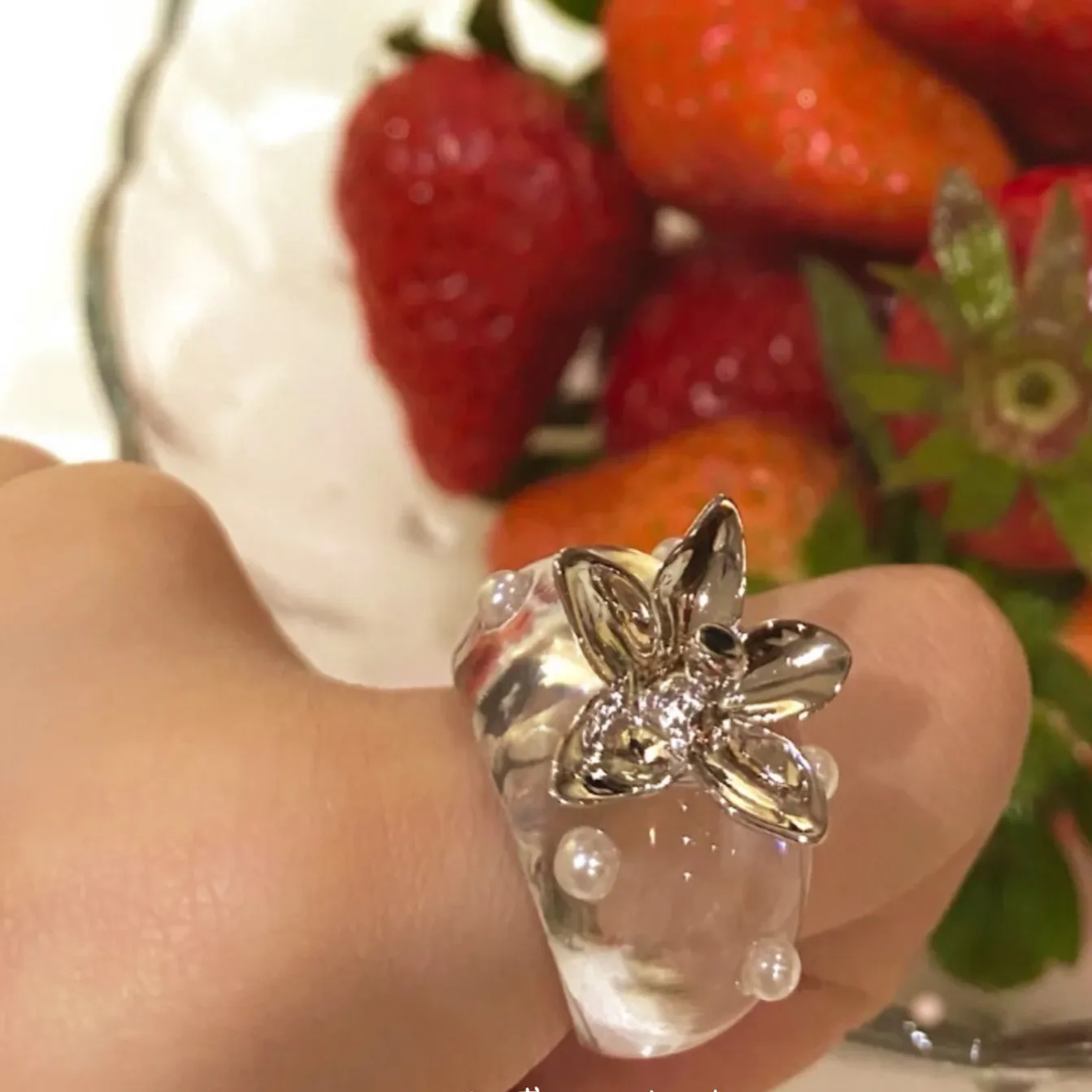 Kórea Módne Retro Akrylové Živice 3D Pearl Transparentná Červená Jahoda Otvoriť Prstene Pre Ženy, Dievča, Minimalistický Šperky Darček 1