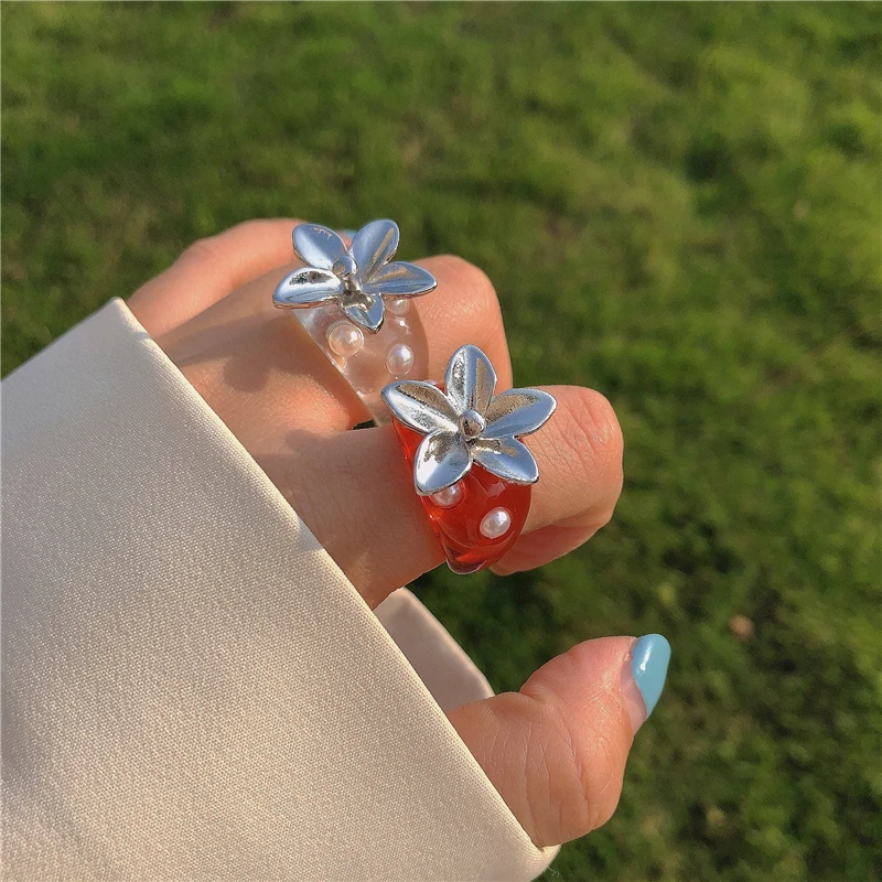 Kórea Módne Retro Akrylové Živice 3D Pearl Transparentná Červená Jahoda Otvoriť Prstene Pre Ženy, Dievča, Minimalistický Šperky Darček 2
