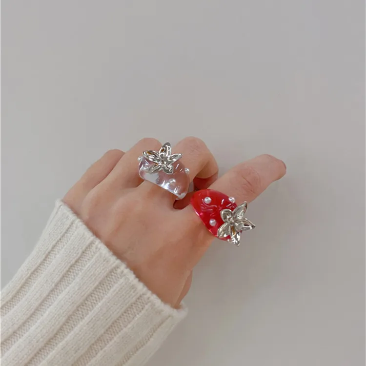Kórea Módne Retro Akrylové Živice 3D Pearl Transparentná Červená Jahoda Otvoriť Prstene Pre Ženy, Dievča, Minimalistický Šperky Darček 5