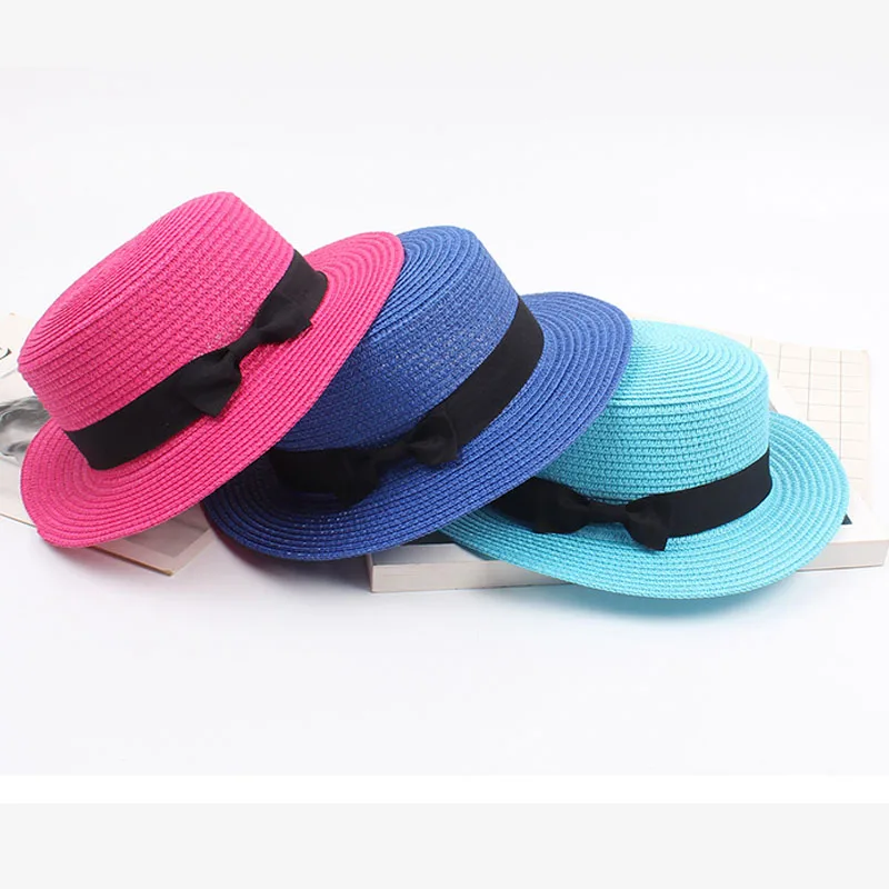 Vintage Lete kórejský Slamený Klobúk pre Ženy Retro Bowknot Flat Top Hat Elegantné opaľovací Krém Pláž Hat EOutside Chrániť Slamený Klobúk 1