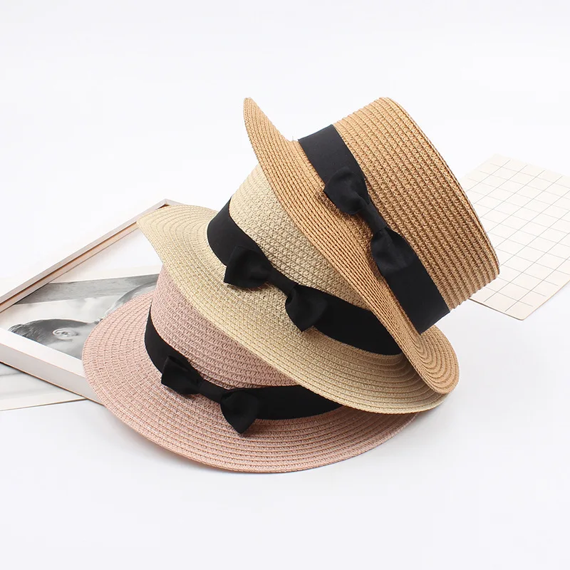 Vintage Lete kórejský Slamený Klobúk pre Ženy Retro Bowknot Flat Top Hat Elegantné opaľovací Krém Pláž Hat EOutside Chrániť Slamený Klobúk 2