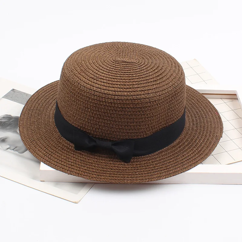 Vintage Lete kórejský Slamený Klobúk pre Ženy Retro Bowknot Flat Top Hat Elegantné opaľovací Krém Pláž Hat EOutside Chrániť Slamený Klobúk 3