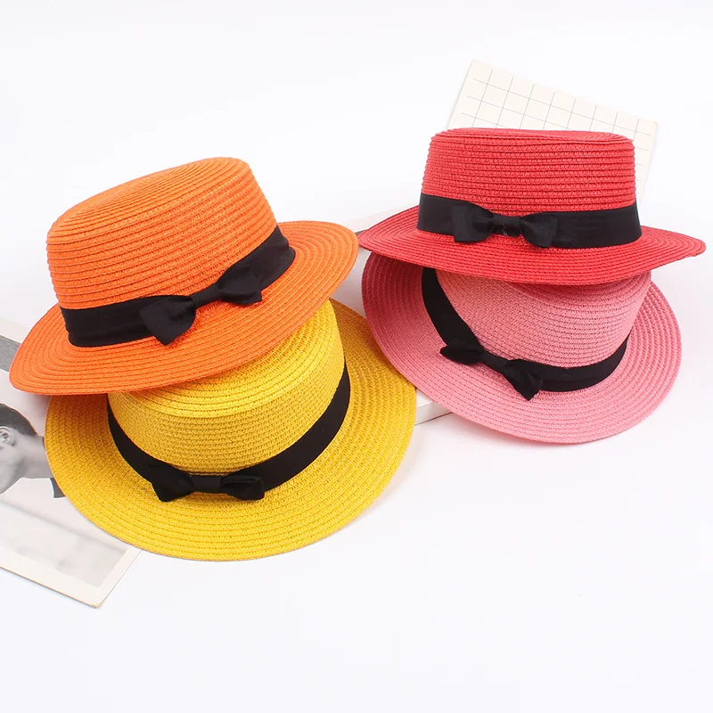 Vintage Lete kórejský Slamený Klobúk pre Ženy Retro Bowknot Flat Top Hat Elegantné opaľovací Krém Pláž Hat EOutside Chrániť Slamený Klobúk 4