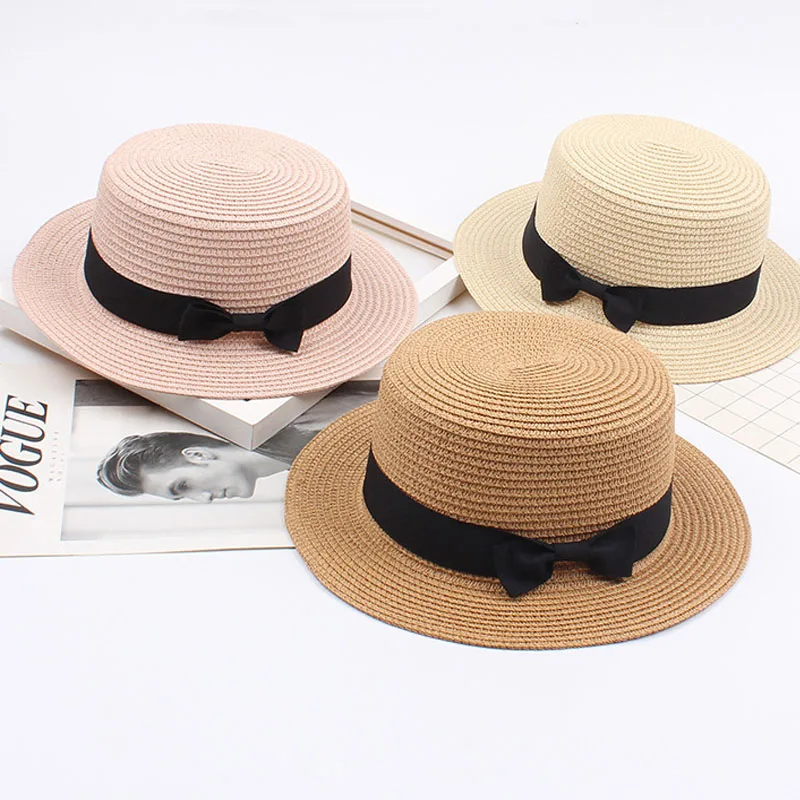 Vintage Lete kórejský Slamený Klobúk pre Ženy Retro Bowknot Flat Top Hat Elegantné opaľovací Krém Pláž Hat EOutside Chrániť Slamený Klobúk 5