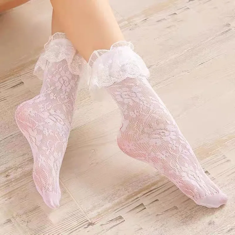 Sexy Čipka Lolita Ponožky Ženy Lete Prehrabať Oka Ponožky Naberaný Úplnej Sieťovina Šalát Kvetinový Transparentné Dámy Šaty Členok Ponožka 0