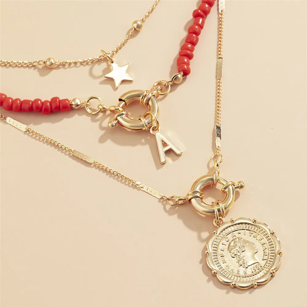 Cosysail 3ks/Set Boho Červená Farba Semien Perličiek Reťazca Náhrdelník pre Ženy Iniciály List Vyrezávané Mince Star Prívesok Náhrdelník Šperky 0