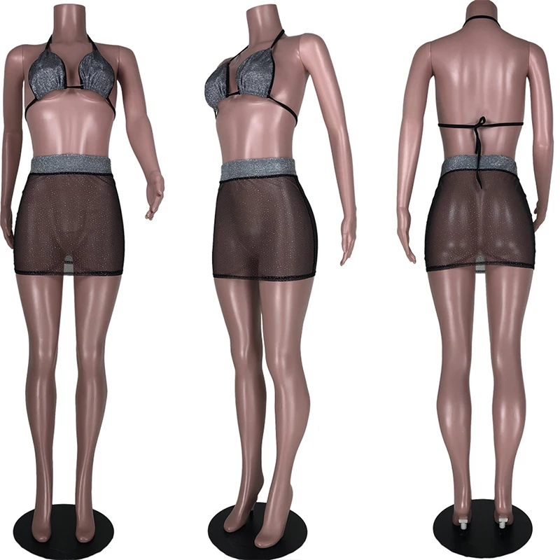 HAOYUAN Sexy Sequin Oka Úplnej 2 Kus Bikini Set s uväzovaním za Plodín Top Bodycon Mini Šaty pre Ženy Summer Club Oblečenie Zodpovedajúce Nastavenie 3