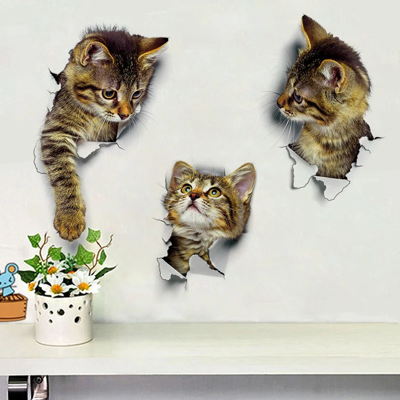 Home Decor 3D Otvor Mačka Zvierat Wc Nálepky Miestnosti Dekorácie Wc, Umyváreň Pvc Plagáty Mačiatko Samolepky na Stenu Cartoon Art Obtlačky 2