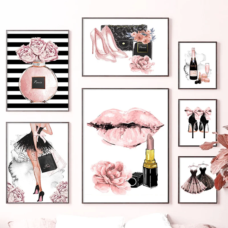Dievča Parfum Kvety Rúž Vysoké Podpätky Wall Art Plátno Na Maľovanie Nordic Plagáty A Potlačou Obrazov Na Stenu Pre Obchod Izba Dekor 3