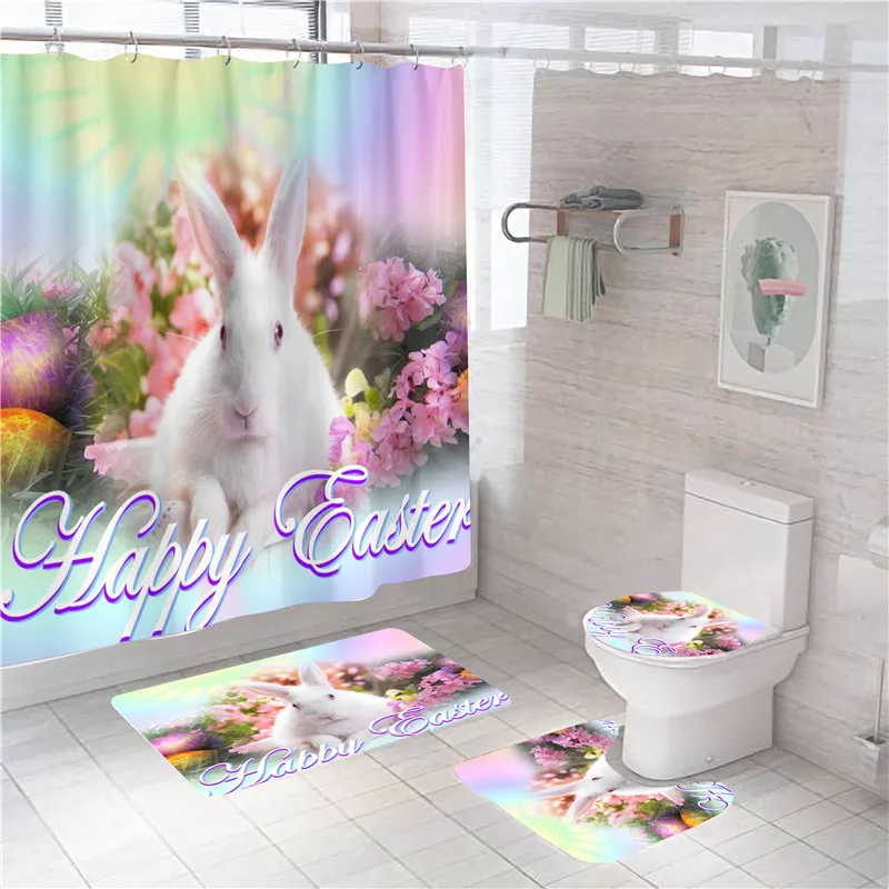Veselú Veľkú Noc Sprchové Závesy Kúpeľňa Opony Nastaviť Bunny Vaňa Dekor Podstavec Koberec Veko Wc Kryt Mat Vaňa Koberec Sady 1