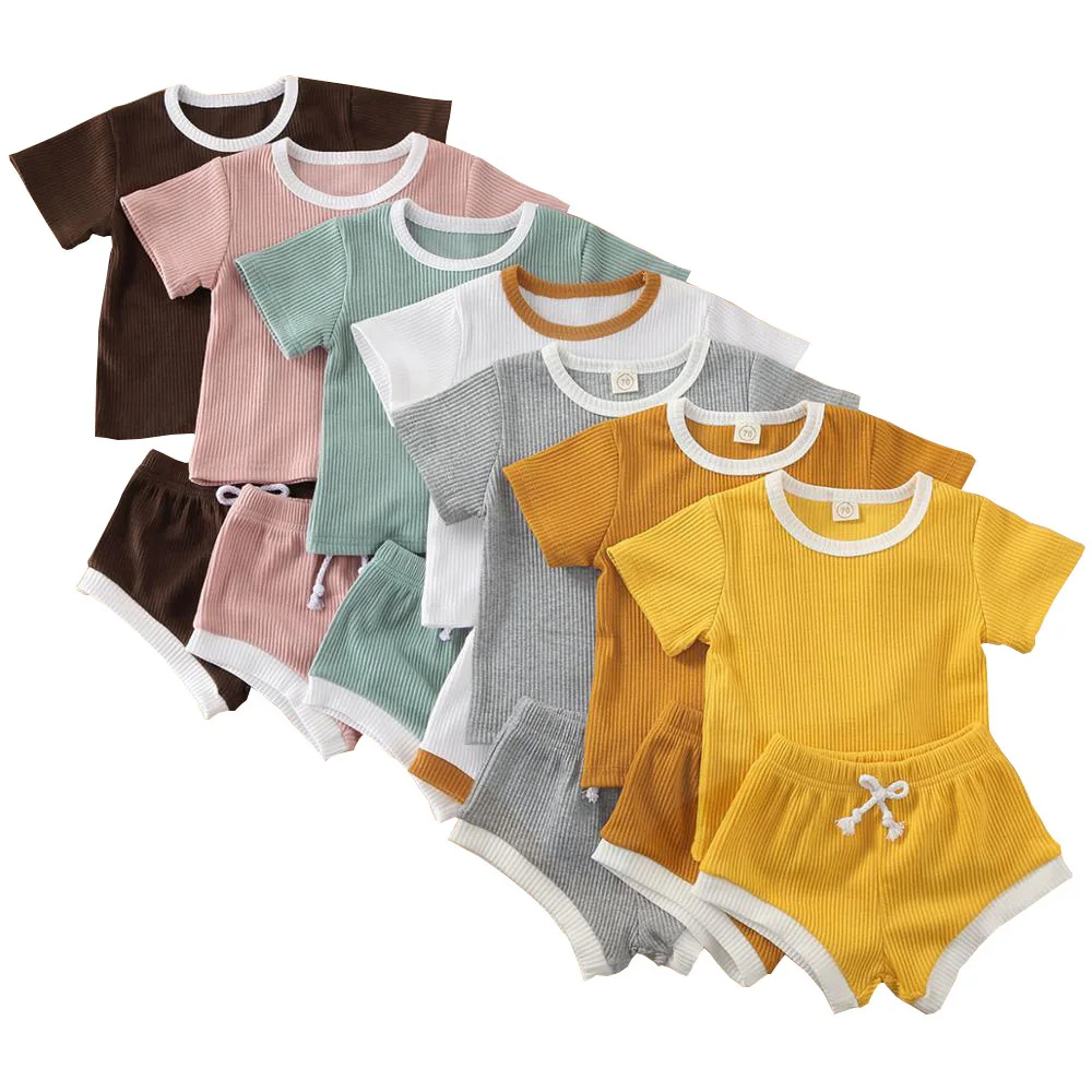 2020 Dieťa, Chlapec, Dievča Letné Oblečenie Novorodenca Dievča, Chlapec Oblečenie Krátky Rukáv Topy T-tričko+krátke Nohavice Rebrovaný Pevné Clothinh Nastavenie 0-3T 0