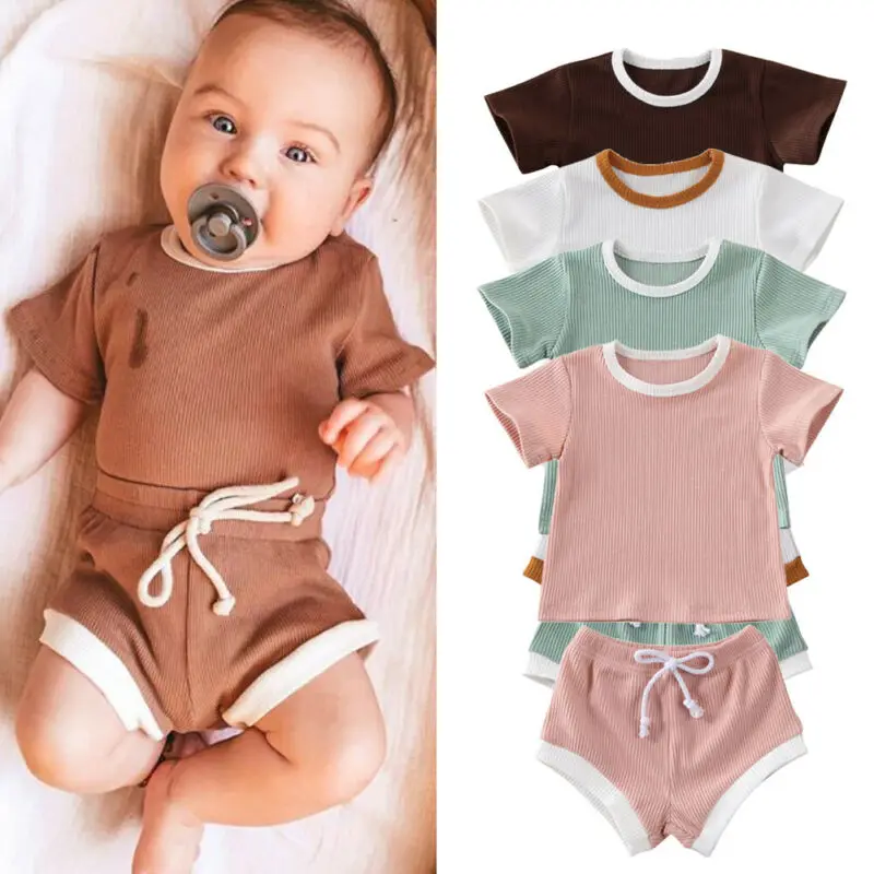 2020 Dieťa, Chlapec, Dievča Letné Oblečenie Novorodenca Dievča, Chlapec Oblečenie Krátky Rukáv Topy T-tričko+krátke Nohavice Rebrovaný Pevné Clothinh Nastavenie 0-3T 3