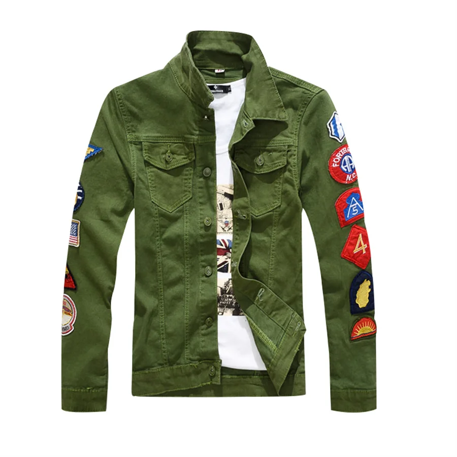 Pánske patch zelená denim jacket jeseň príliv novej ulici tlač armády ventilátor kórejský denim jacket vonkajšie tenkým dlhým rukávom bunda top 1