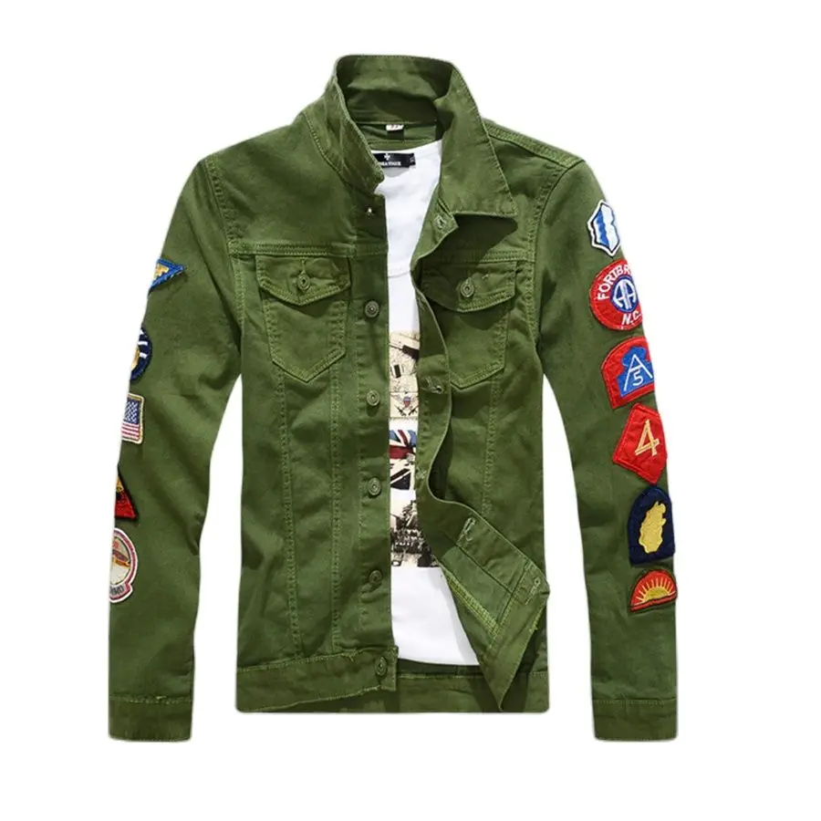 Pánske patch zelená denim jacket jeseň príliv novej ulici tlač armády ventilátor kórejský denim jacket vonkajšie tenkým dlhým rukávom bunda top 2