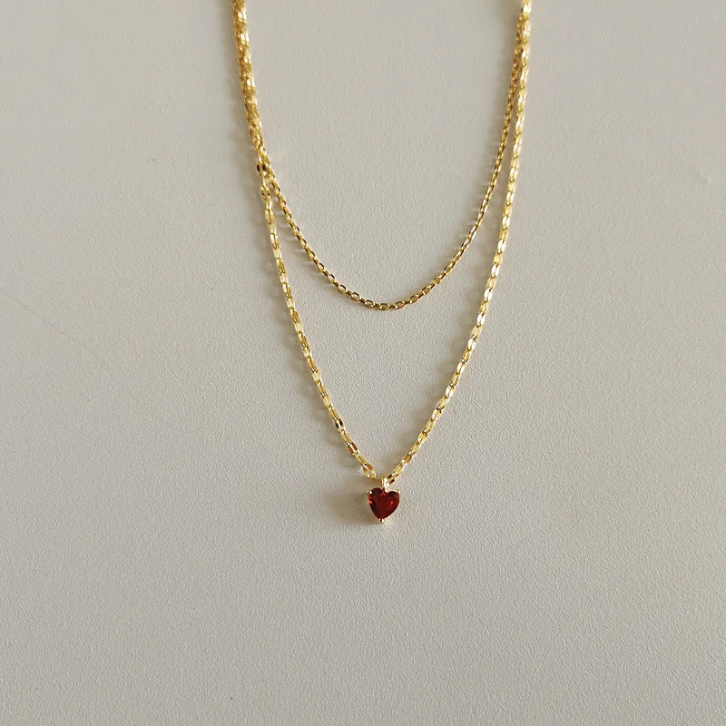 Silvology 925 Sterling Silver Dvojvrstvové Červené Srdce Náhrdelník pre Ženy Elegantný Prívesok Náhrdelník Dámy 2021 Estetika Šperky 1