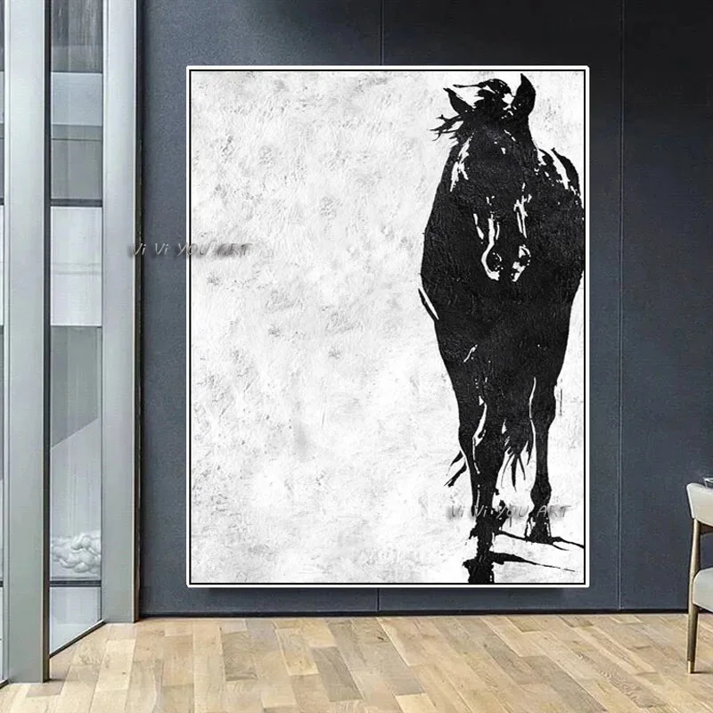 Ručne Maľované Abstraktnú Olejomaľbu Minimalistický Black White Horse Obraz Na Plátno Na Stenu Umenia Pre Obývacia Izba Domova Bez Rámu 2