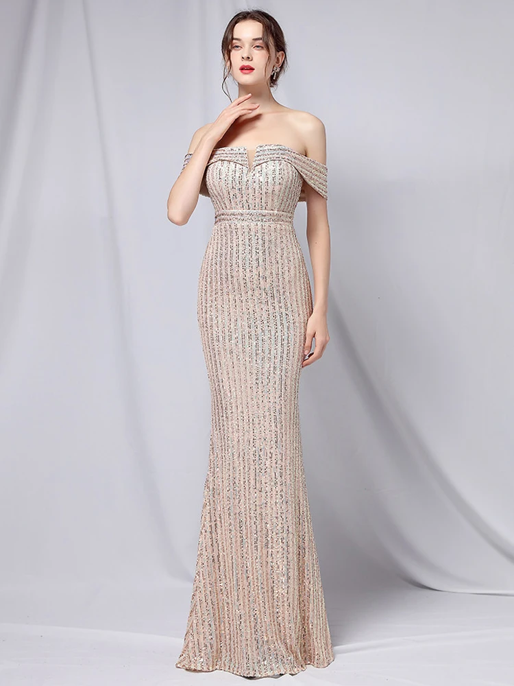 YIDINGZS Elegantné Mimo Ramenný Strany Maxi Šaty 2021 Loď Krku Zlaté Sequin Večerné Šaty Ženy, Svadobné Dlho Prom Šaty 1