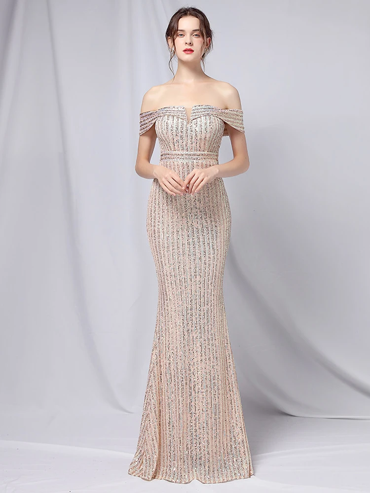 YIDINGZS Elegantné Mimo Ramenný Strany Maxi Šaty 2021 Loď Krku Zlaté Sequin Večerné Šaty Ženy, Svadobné Dlho Prom Šaty 3
