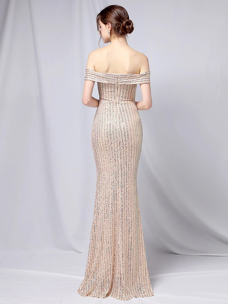 YIDINGZS Elegantné Mimo Ramenný Strany Maxi Šaty 2021 Loď Krku Zlaté Sequin Večerné Šaty Ženy, Svadobné Dlho Prom Šaty 5