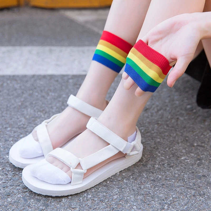 Nové Letné Candy Farby Dúhy Prekladané Harajuku Crystal Hodváb Ponožky Kvalitné Módne Retro Bežné Ženy Ponožky 1