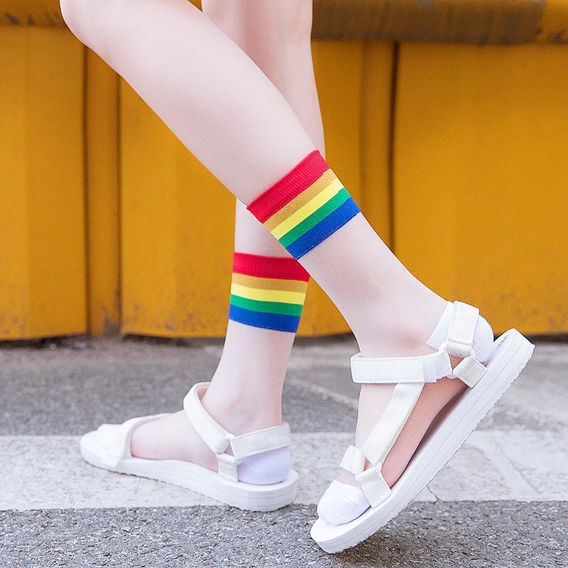 Nové Letné Candy Farby Dúhy Prekladané Harajuku Crystal Hodváb Ponožky Kvalitné Módne Retro Bežné Ženy Ponožky 3