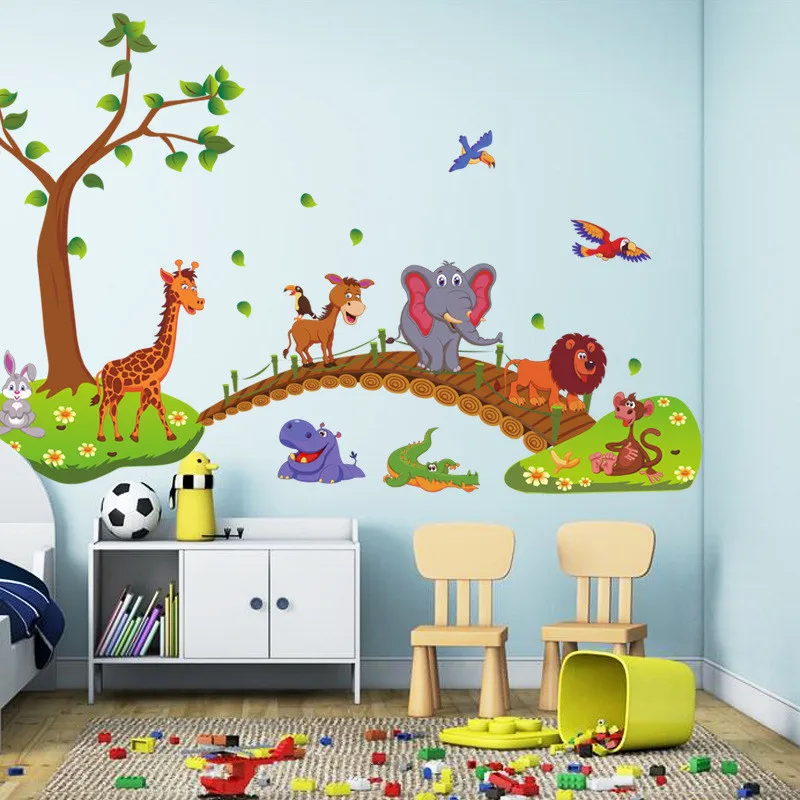 3D animovaný Jungle voľne žijúcich zvierat strom most lev, Žirafa, slon vtáky, kvety samolepky na stenu pre deti izba obývacia izba domova 1