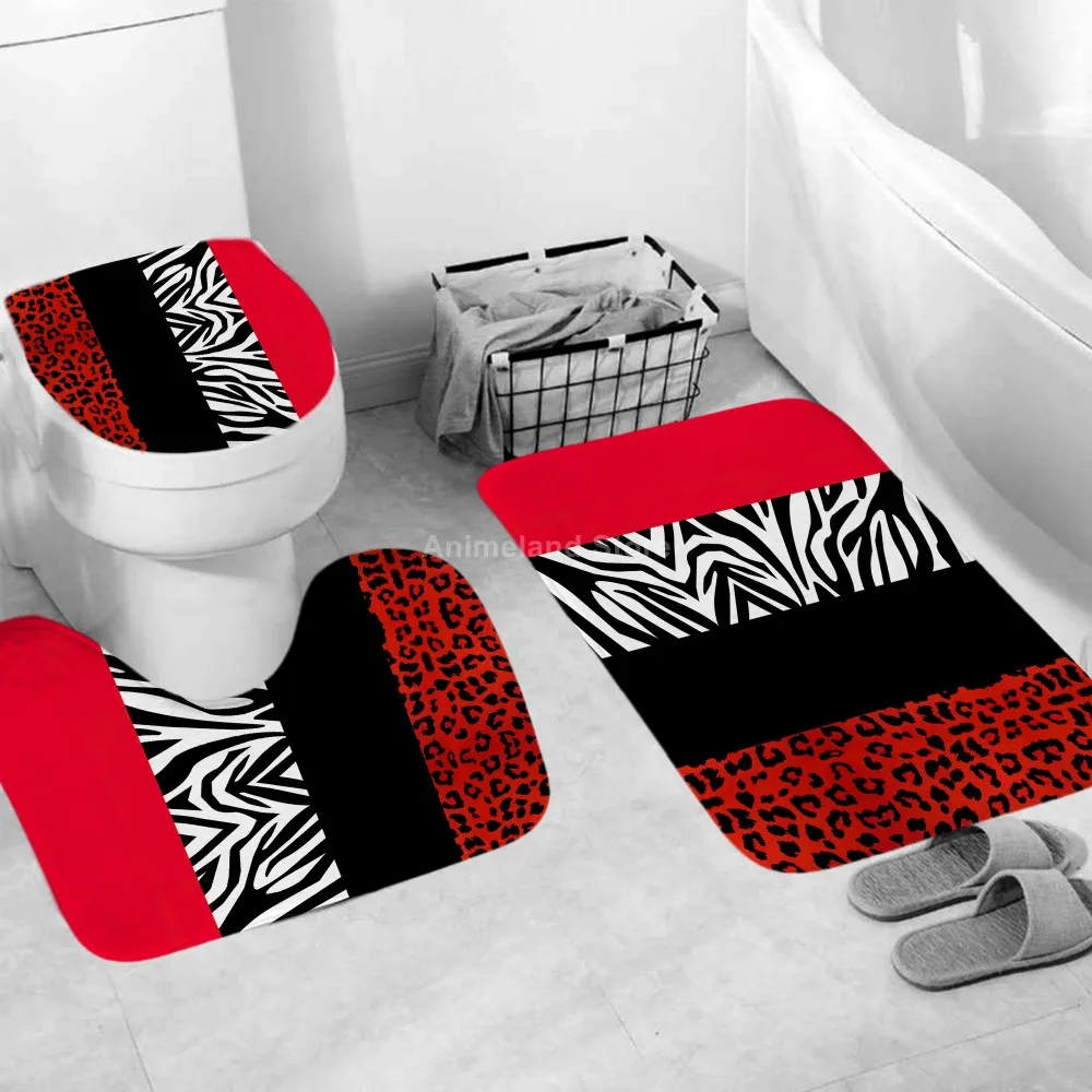 Zebra Leopard Červená Čierna Sprchový Záves Kúpeľňa Nastaviť Módne Vzor Vaňa Záclony Non Slip Wc Kryt Podlahy A Mat Koberec Sady 5