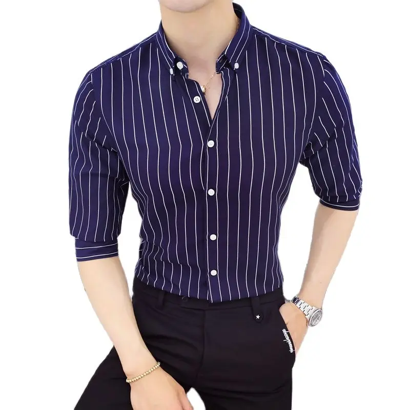 Camisas de vestir de rayas verticales con contraste para hombres, camisa básica neformálne elegante de manga larga de algodón ako vytvorit svoj vlastný 0