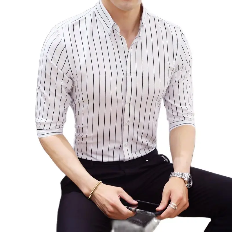 Camisas de vestir de rayas verticales con contraste para hombres, camisa básica neformálne elegante de manga larga de algodón ako vytvorit svoj vlastný 1