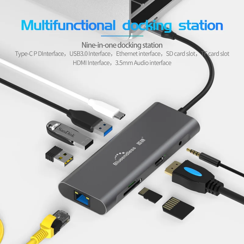 USB C Hub Typ C 3.1 9 V 1 Hub Adaptér Dokovacej Stanice S 4K HDMI/Ethernet/SD&TF Card Reader/Audio Pre Mac a Typ C Notebooky 2