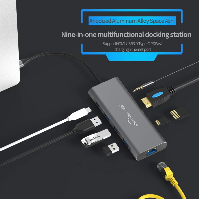 USB C Hub Typ C 3.1 9 V 1 Hub Adaptér Dokovacej Stanice S 4K HDMI/Ethernet/SD&TF Card Reader/Audio Pre Mac a Typ C Notebooky 4