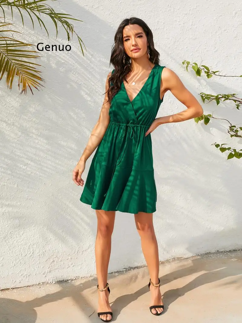Čistý Zelený Letné dámske Šaty 2021 Sexy Elegantné Módne tvaru Skladaný Čipky Šitie Lotus Leaf Lem Rukávov Šaty 2