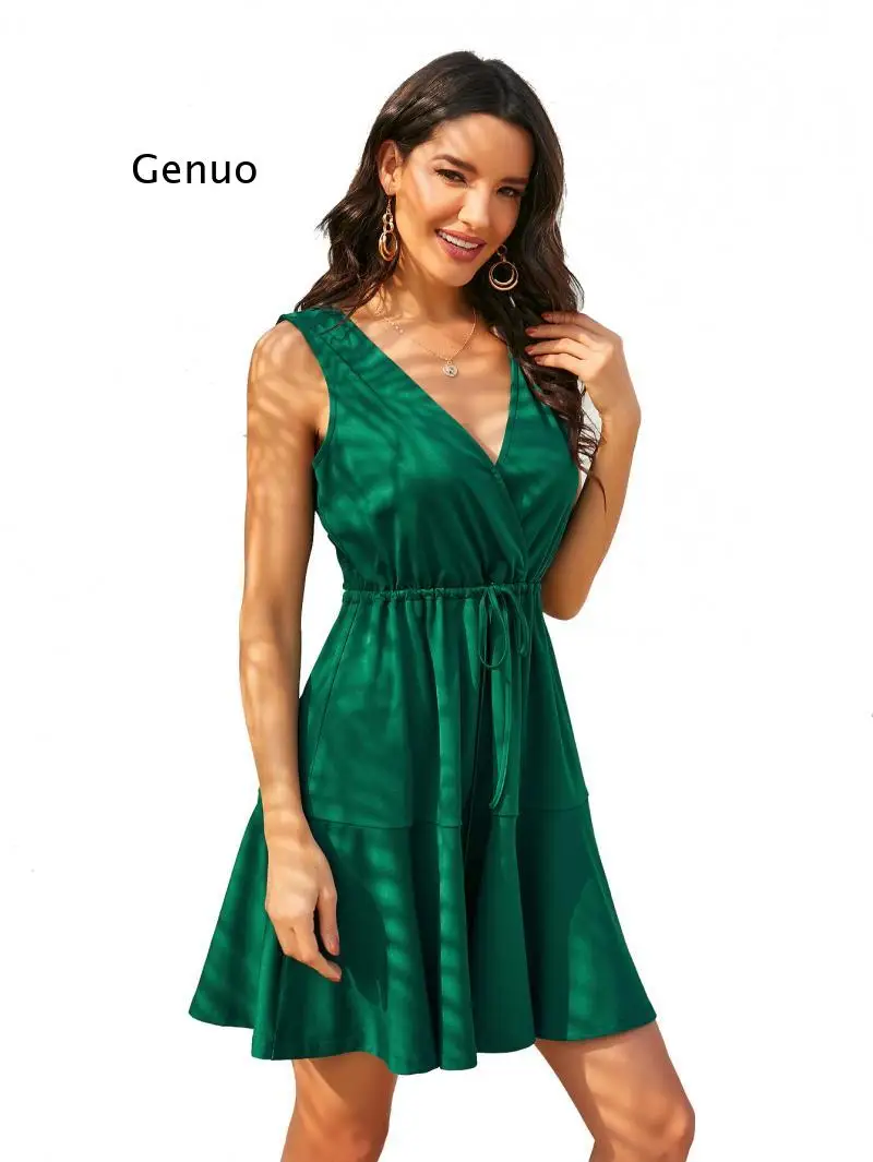 Čistý Zelený Letné dámske Šaty 2021 Sexy Elegantné Módne tvaru Skladaný Čipky Šitie Lotus Leaf Lem Rukávov Šaty 3