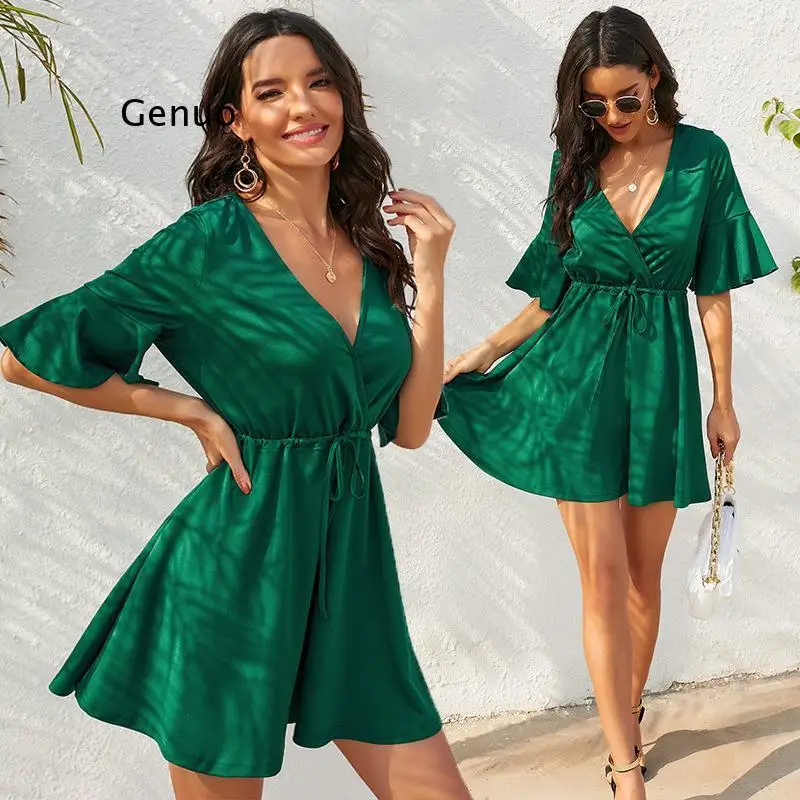 Čistý Zelený Letné dámske Šaty 2021 Sexy Elegantné Módne tvaru Skladaný Čipky Šitie Lotus Leaf Lem Rukávov Šaty 4