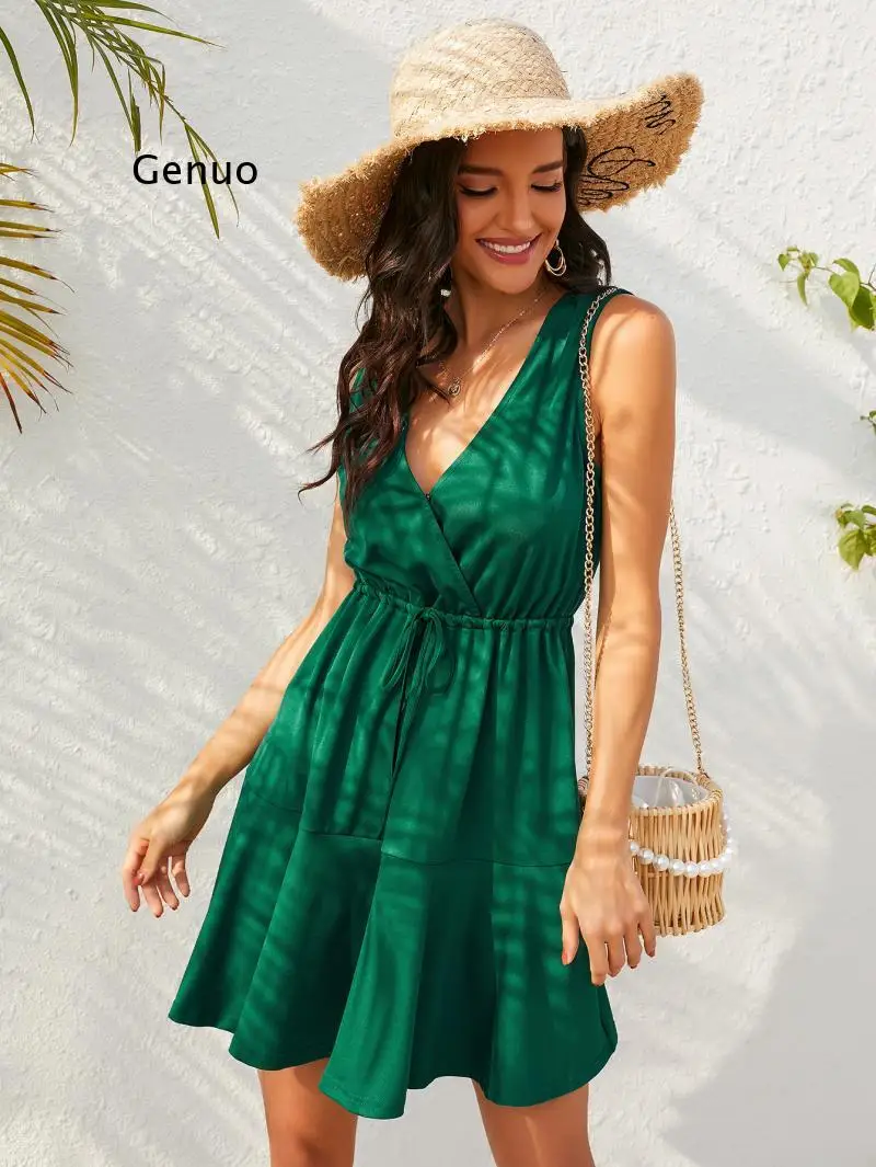 Čistý Zelený Letné dámske Šaty 2021 Sexy Elegantné Módne tvaru Skladaný Čipky Šitie Lotus Leaf Lem Rukávov Šaty 5