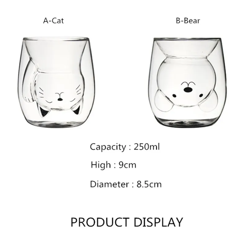Kreatívne cartoon dvojité vysokej borosilikátového skla zvieratá medveď roztomilý plutus mačka sklo sklo sklo káva hrnček skla pohár 2