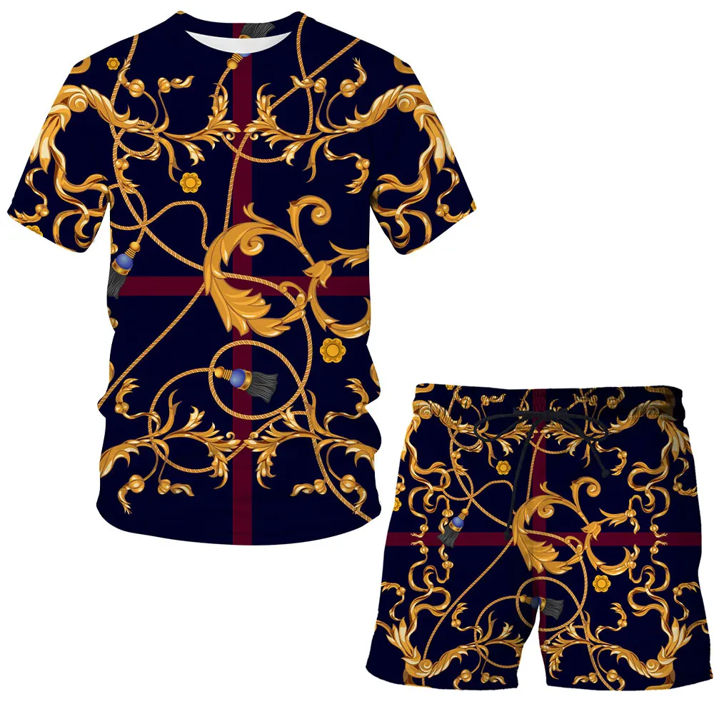 3D Tlač Železa reťazovej Sady T-shirt Luxusný Top Harajuku Camiseta Streatwear Pohode Krátky Rukáv O-krku Muž / Žena Sady Mužov oblečenie 1