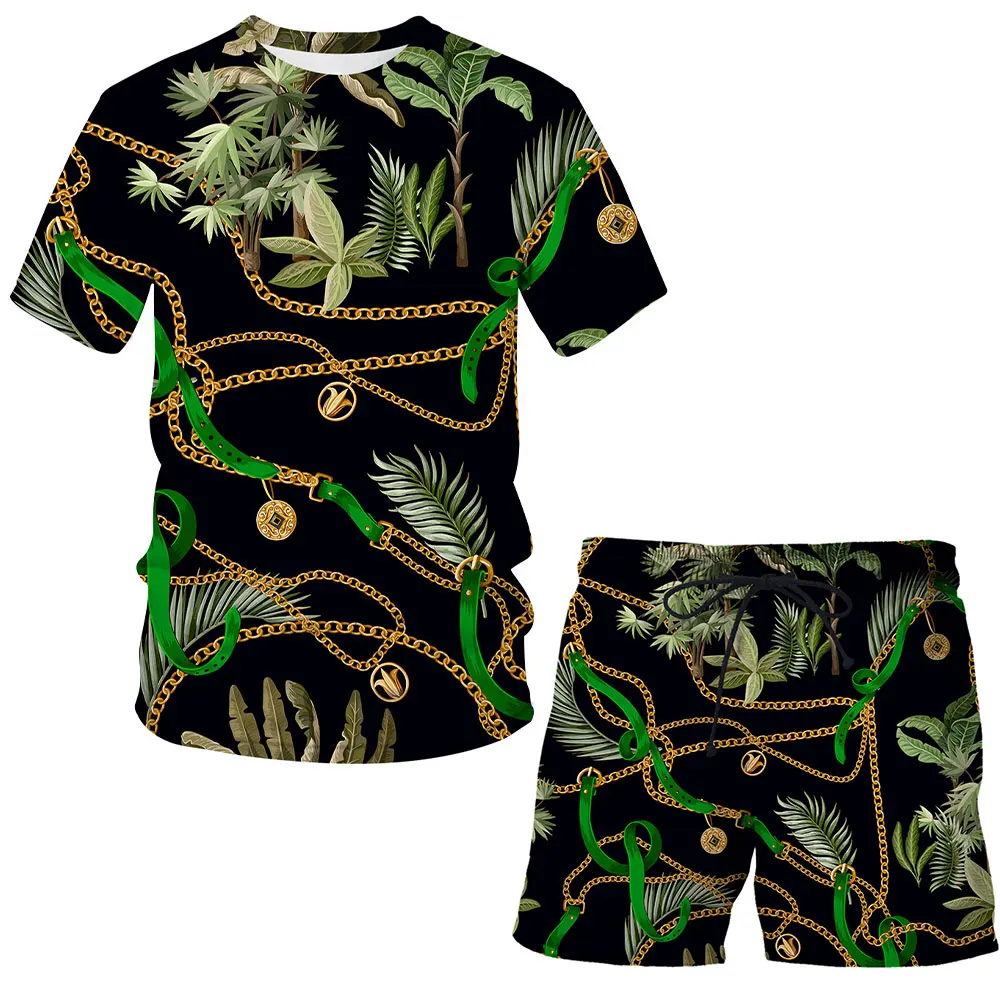 3D Tlač Železa reťazovej Sady T-shirt Luxusný Top Harajuku Camiseta Streatwear Pohode Krátky Rukáv O-krku Muž / Žena Sady Mužov oblečenie 5