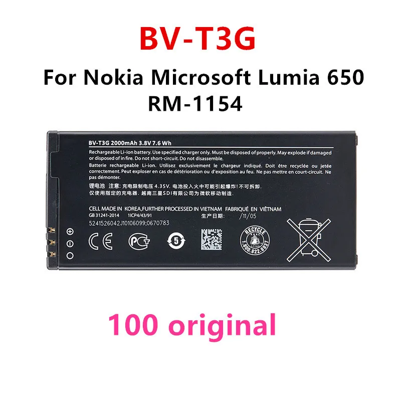 Pôvodné BV-T3G 2000mAh Náhradné Batérie Pre Nokia Microsoft Lumi 650 RM-1154 BVT3G BV T3G Li-pol Batérie 1