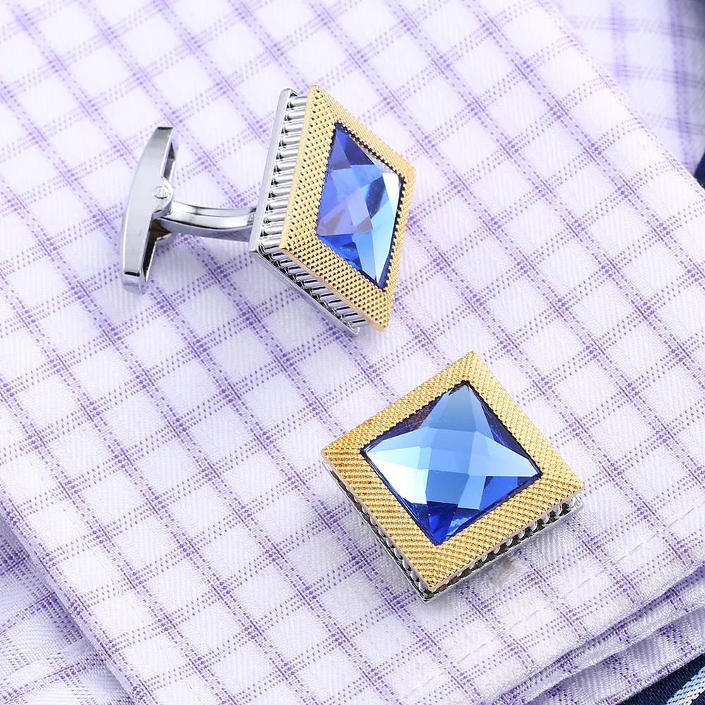 Nové pánske manžetové gombíky Námestie Dvojité Farba Modrá Kamienkami Crystal manžetové Mužov francúzske Tričko Manžety Rukávov Tlačidlá Šperky, Darčeky 4