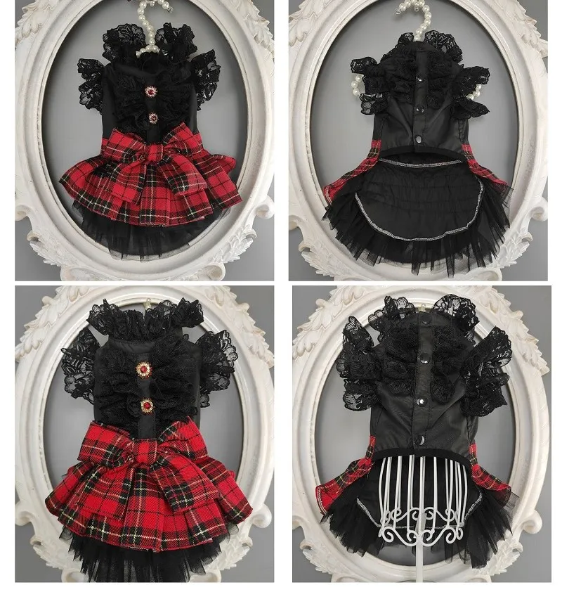 Ručné Psie Oblečenie Pet Oblečenie Klasické Škótskej Skontrolujte, Sukne, Čierne Tričko Najvyššie Čipky Golier, Rukávy Mačka Šaty, Pudel Drop Shipping 5