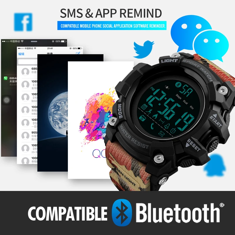SKMEI Bluetooth Smart Hodinky Značky Krokomer Kalórií Digitálne Športové Hodiny Vojenské Nepremokavé Mužov Náramkové hodinky relogio inteligente 3