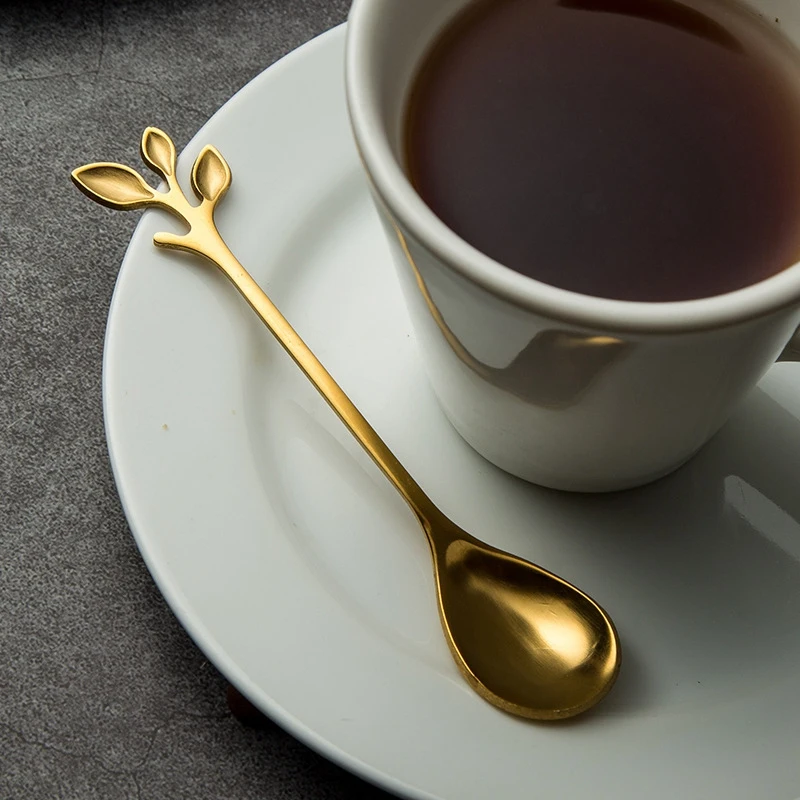 Riad Gold Leaf kávovú Lyžičku Vidlica,(4 Lyžice 4 Vidličky) Espresso Lyžice Predjedlo a Dezert Vidličky Nastaviť,4.7 V 1