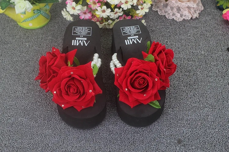 Letné Ženy Flip Flop Red Rose Perly Klin Vysokým Podpätkom Platformu Obuv Sandal Mladých Otvorené Prst Papuče Hot Predaj c334 1