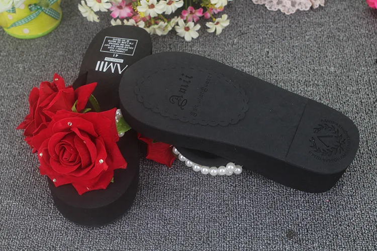 Letné Ženy Flip Flop Red Rose Perly Klin Vysokým Podpätkom Platformu Obuv Sandal Mladých Otvorené Prst Papuče Hot Predaj c334 3
