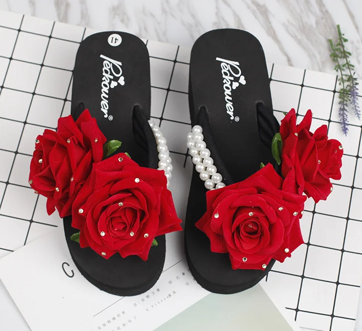 Letné Ženy Flip Flop Red Rose Perly Klin Vysokým Podpätkom Platformu Obuv Sandal Mladých Otvorené Prst Papuče Hot Predaj c334 4