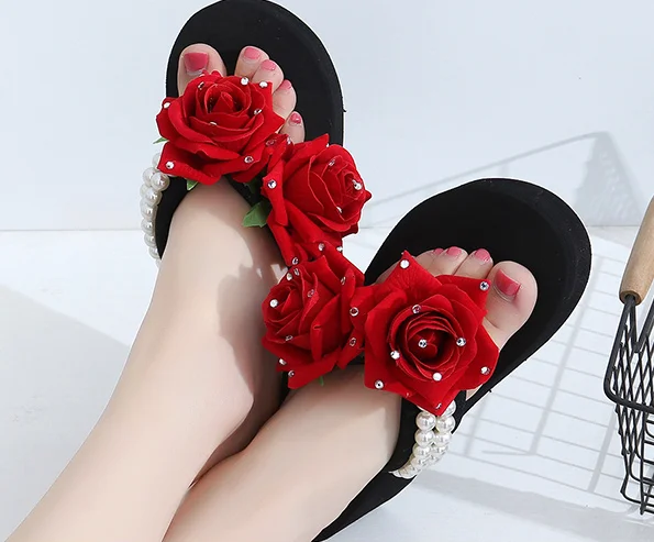 Letné Ženy Flip Flop Red Rose Perly Klin Vysokým Podpätkom Platformu Obuv Sandal Mladých Otvorené Prst Papuče Hot Predaj c334 5